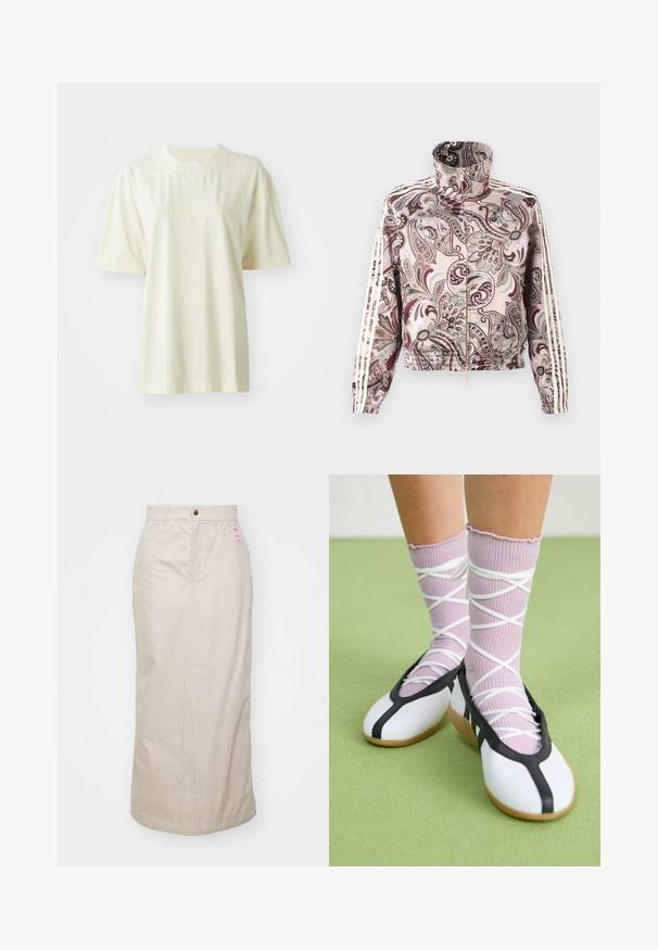 Lichtroze jas met rits en hoge kraag, ingewikkeld paisley patroon in bruin- en grijstinten, en witte drievoudige strepen langs de mouwen.; Romiggekleurig katoenen T-shirt met een ronde hals, korte mouwen en een reliëf "adidas" logo op de borst. Gladde textuur en relaxte pasvorm.; Beige gestreepte rok met een hoge taille, verborgen rits en metalen knoopsluiting. Inclusief een klein merklabel aan de voorkant.; Benen met geribbelde lavendelkleurige sokken met witte kruisbanden, gecombineerd met witte ballerina's met zwarte bies op een groene vloer.