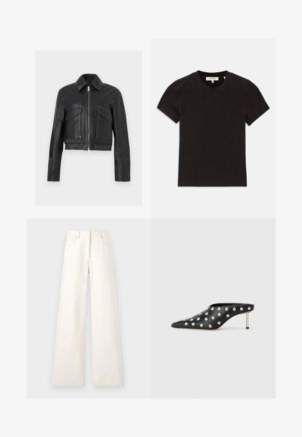 Veste en cuir noir avec fermeture éclair à l'avant, deux poches à rabat, col et manches longues, présentée sur un fond clair uni.; T-shirt noir à manches courtes en tricot côtelé avec encolure ronde et étiquette de marque visible au niveau du col.; Pantalons larges de couleur crème en denim avec des coutures visibles et des poches. Le design présente une taille haute et une coupe droite.; STAND STUDIO KELSEY - Mules à talons - black