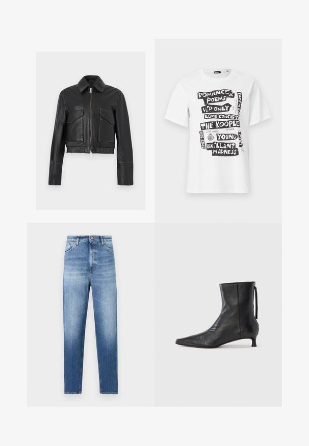 Veste en cuir noir avec fermeture éclair à l'avant, deux poches à rabat, col et manches longues, présentée sur un fond clair uni.; T-shirt blanc à manches courtes avec des phrases en texte noir en blocs, notamment "Romance & Poèmes", "Concert d'amour", "The Kooples" et "Folie Brillante".; Jean denim bleu taille haute avec effet délavé, fermeture à boutons et zip à l'avant, et design classique à cinq poches.; Bottine en cuir noir à bout pointu, forme structurée et petit talon. Dispose d'une fermeture éclair latérale et d'un design minimaliste.