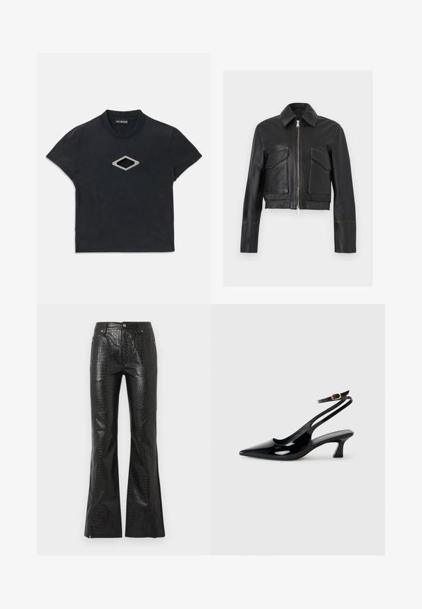 Schwarze Lederjacke mit Frontreißverschluss, zwei Klappentaschen, Kragen und langen Ärmeln, vor hellem, einfarbigem Hintergrund präsentiert.; Schwarzes Kurzarm-Crop-Top mit Rundhalsausschnitt und einem silbernen, rautenförmigen Ausschnittdesign auf der Vorderseite.; Schwarze Kunstlederhose mit Krokodilmuster, hoher Taille, ausgestellten Beinen, Fronttaschen, Gürtelschlaufen und Knopfverschluss.; Schwarze Lackleder Slingback-Absätze mit spitzem Schuhblatt, niedrigem Blockabsatz und verstellbarem Knöchelriemen mit goldener Schnalle.