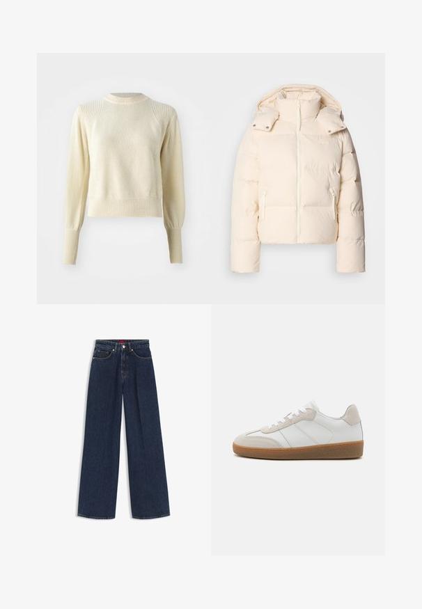 Lacoste BF3262_XFJ - Chaqueta de plumas - lapland; Suéter crema con un patrón de punto texturizado, puños y dobladillo acanalados, y un escote redondo. Presenta mangas estructuradas y ligeramente abullonadas.; Vaqueros de mezclilla azul oscuro con pierna ancha, botón delantero, cremallera, cinco bolsillos y logo discreto de la marca en el pequeño bolsillo delantero.; Deportivas de cuero blanco con acentos de ante beige, lengua texturizada y suela de goma. Presenta cordones blancos y detalles sutiles de costura.
