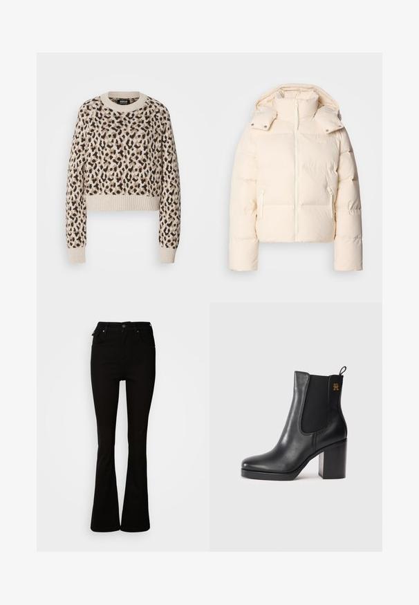 Lacoste BF3262_XFJ - Gewatteerde jas - lapland; Beige cropped sweater met een luipaardprint in bruine en zwarte tinten. Kenmerkt geribbelde manchetten en zoom, met een ronde halslijn.; Zwarte flared jeans van denim, met een hoge taille, voorzakken en een klassiek vijf-pocket ontwerp met metalen accenten.; Zwarte leren enkellaars met blokhak, elastieken zijpaneel, trekband en een klein gouden logo aan de bovenkant.