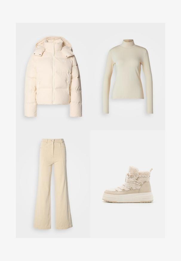 Lacoste BF3262_XFJ - Doudoune - lapland; Haut à col roulé à manches longues de couleur crème, fabriqué en tissu lisse et extensible ; design ajusté avec un col haut et sans motifs ni accents visibles.; Jeans beige à jambes larges avec taille haute, poches avant, et couture contrastée, dotés d'une fermeture à bouton et d'une texture en coton lisse.; Bottes d'hiver beiges avec une texture pelucheuse, un design à lacets, des accessoires en or et une semelle épaisse pour plus de hauteur et d'isolation.