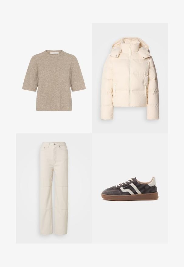 Lacoste BF3262_XFJ - Chaqueta de plumas - lapland; Suéter beige de manga corta hecho de un suave tejido de punto, con un escote redondo y un corte relajado. La textura es ligeramente peluda.; Pantalones vaqueros de pernera ancha en un tono beige claro, fabricados en algodón. Presentan una cintura alta, cierre frontal con botón y dos costuras horizontales decorativas en las piernas.; Zapatilla deportiva individual de color gris oscuro con detalles en cuero blanco, laterales texturizados, cordones blancos y suela de goma marrón, mostrada de perfil sobre un fondo liso.