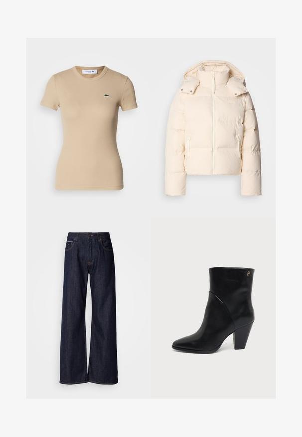 Lacoste BF3262_XFJ - Daunenjacke - lapland; Beige gerippte Baumwoll-T-Shirt mit kurzen Ärmeln, Rundhalsausschnitt, taillierter Form und einem kleinen grünen Lacoste-Logo auf der linken Brust.; Weite dunkelblaue Jeans mit hoher Taille, vorderen Taschen und subtilen Nähdetails. Glatte Textur mit klassischem Schnitt.; Schwarzer Lederknöchelstiefel mit spitz zulaufender Zehenpartie, Blockabsatz und kleinem goldenen Logo nahe der oberen Kante an der Außenseite.