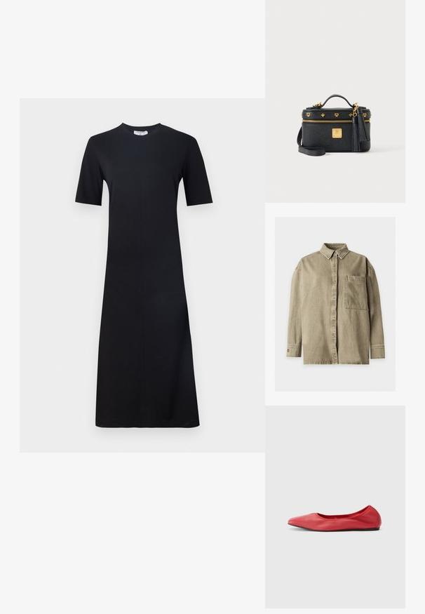 Beige langärmliges Hemd mit Knopfleiste, Kragen und einer großen Brusttasche, vor einem einfarbigen weißen Hintergrund präsentiert.; Filippa K Jerseykleid - black; Filippa K REY FLATS - Klassischer Ballerina - bright red; Schwarze, strukturierte Lederhandtasche mit goldenem Reißverschluss, Logo-Nieten, Quasten, einem oberen Griff und abnehmbarem Schulterriemen auf schlichtem grauem Hintergrund.
