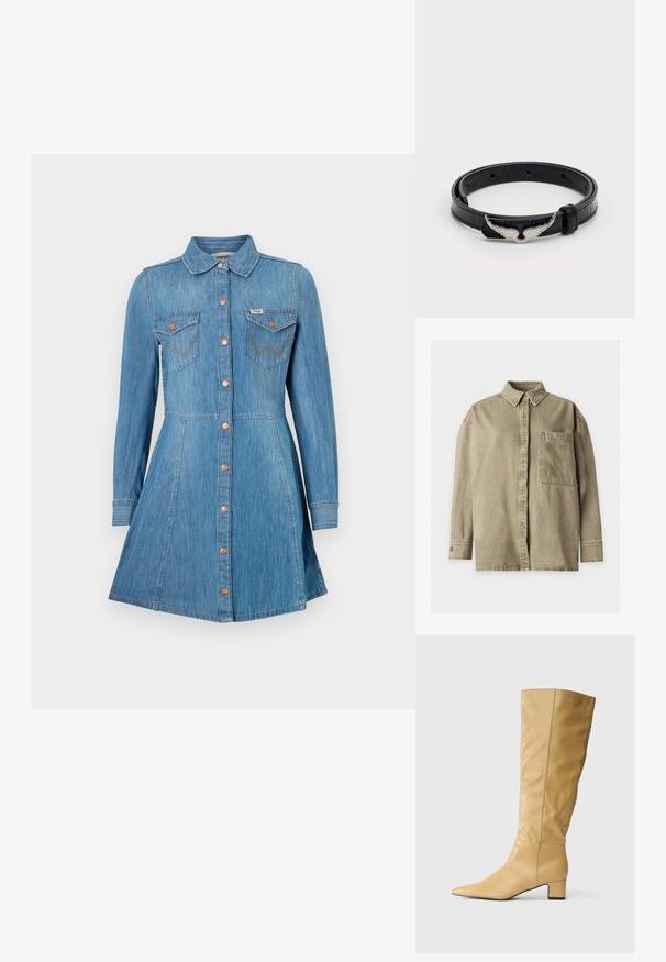 Camisa beige de manga larga con botones, cuello y un gran bolsillo en el pecho, mostrada sobre un fondo blanco liso.; Vestido de mezclilla azul con mangas largas, cierre de botones en la parte delantera, dos bolsillos en el pecho y una falda acampanada. Presenta botones en tono cobre y costuras en contraste.; Bota de cuero marrón hasta la rodilla con un tacón bajo y punta afilada, mostrada en perfil lateral sobre un fondo blanco.; Pulsera de cuero negro con un acabado brillante, que presenta un cierre en forma de ala de tono plateado y múltiples agujeros de ajuste.