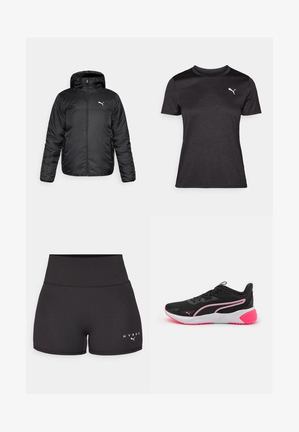 Zwarte gewatteerde jas met een capuchon, voorzien van een rits aan de voorkant en een wit Puma-logo op de linkerborst. Gladde, glanzende textuur en lange mouwen.; Zwarte sportieve T-shirt met korte mouwen, ronde halslijn en een wit logo op de borst. Glad materiaal en getailleerde pasvorm.; Zwarte sportshorts van rekbare stof. Hoge taille ontwerp met witte "HYROX" tekst en logo aan de onderlinkerkant. Glad textuur.; Zwarte sportieve schoenen met een bovenwerk van mesh, roze accenten, witte tussenzool en een kenmerkend logo. Kenmerkt zich door een lichtgewicht ontwerp en een gestructureerde buitenzool.
