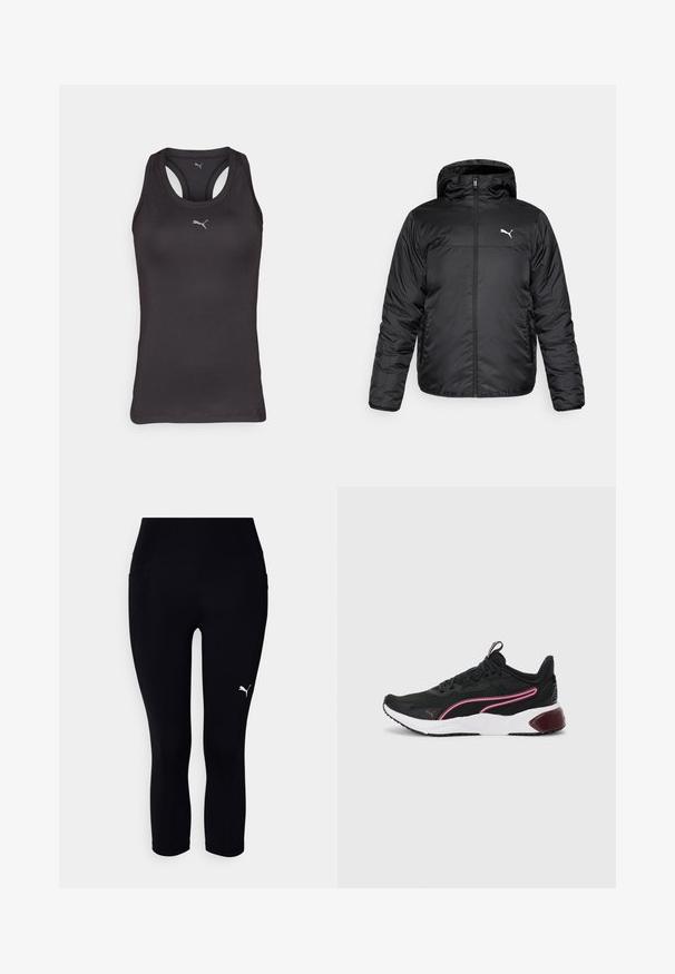 Sort polstret jakke med hætte, med en frontlynlås og et hvidt Puma-logo på venstre bryst. Glat, blank tekstur og lange ærmer.; Sort atletisk tanktop med racerback-design, lavet af glat stof, med et lille gråt logo i midten på fronten.; Sort capri leggings fremstillet af strækbart materiale, med høj talje og et lille hvidt logo på venstre side. Glat tekstur.; Sorte atletiske sneakers med en mesh-overdel, pink detaljer, hvid mellemsål og gummisål. Har et sikkert snørebånd design og polstret krave.