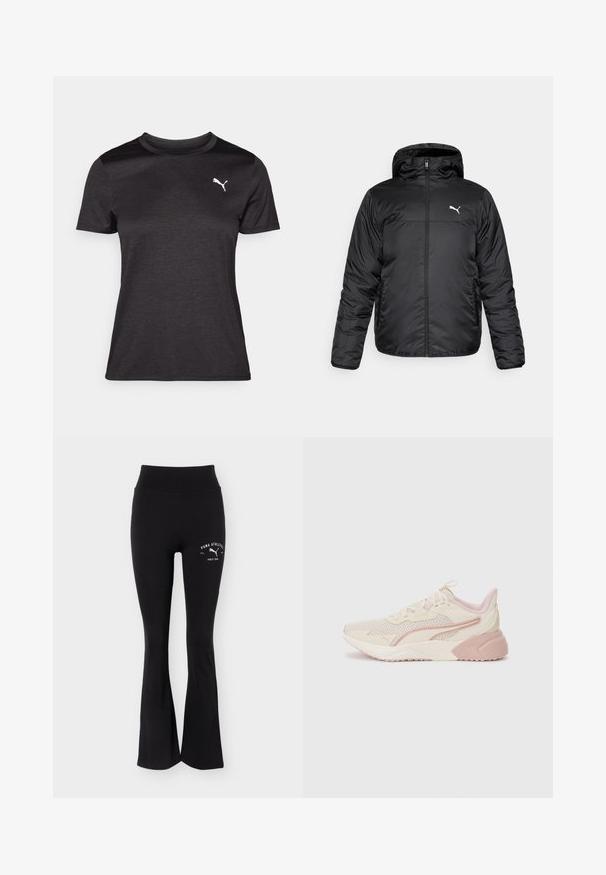 Chaqueta acolchada negra con capucha, con cremallera frontal y un logo de Puma blanco en el lado izquierdo del pecho. Textura lisa y brillante, y mangas largas.; Camiseta deportiva negra de manga corta, con escote redondo y un logo blanco en el pecho. Textura suave y forma ajustada.; Pantalones deportivos negros acampanados con cintura alta y logo blanco de Puma Athletics en la parte superior del muslo.; Zapatillas ligeras con un diseño en beige y rosa pálido, parte superior de malla, suela acolchada y sutiles acentos de logotipo en el lateral.
