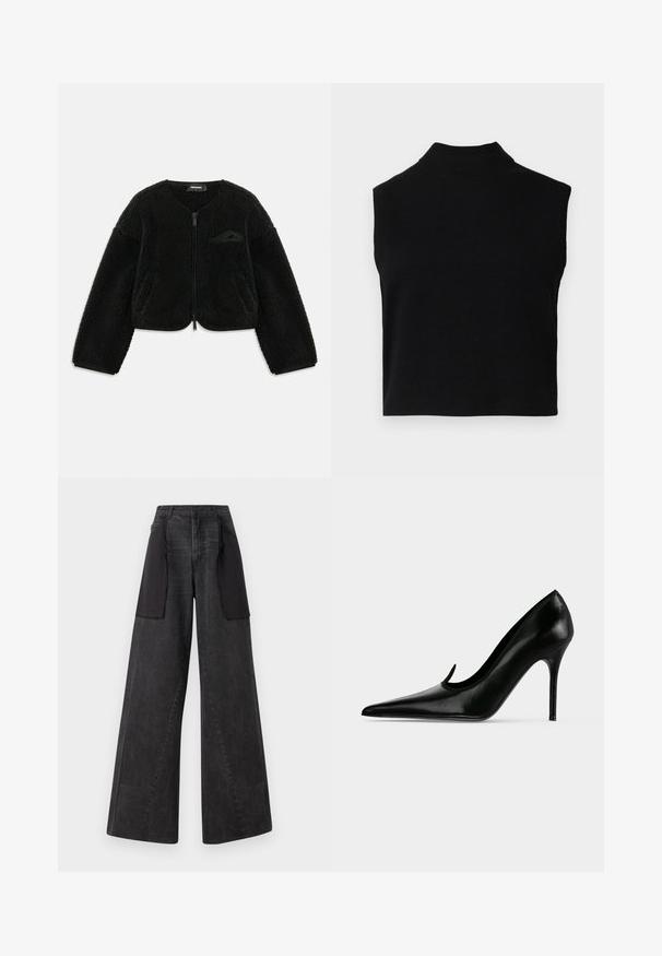 Black zip-up jacket made of textured sherpa fabric, featuring a round neck, long sleeves, and a small pocket on the left chest.; Black sleeveless turtleneck top with a fitted design, made of soft fabric, featuring a ribbed neckline and smooth texture.; Wide-leg jeans made of dark denim with black fabric panels on the sides, featuring a high waist and visible stitching details.; Black leather high-heeled shoe with pointed toe and slim stiletto heel, shown from the side on a plain light background.