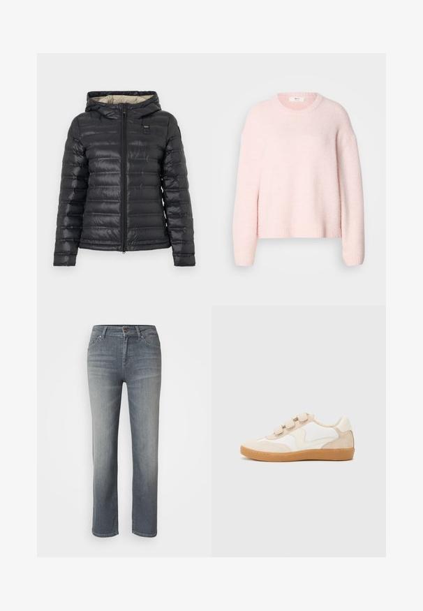 Chaqueta negra acolchada con capucha, cremallera frontal, mangas largas y forro interior beige claro, exhibida sobre un fondo liso.; Suéter de punto rosa claro, ajuste relajado, cuello redondo, dobladillo y puños acanalados, textura suave, hombros caídos, sin herrajes ni patrones visibles.; Jeans de mezclilla gris con corte recto, diseño de cinco bolsillos, cierre de botón y cremallera, y acabado ligeramente desgastado.; Zapatillas de cuero blanco y beige con acentos de ante, que presentan una puntera redondeada, tres correas de velcro y una suela de goma.