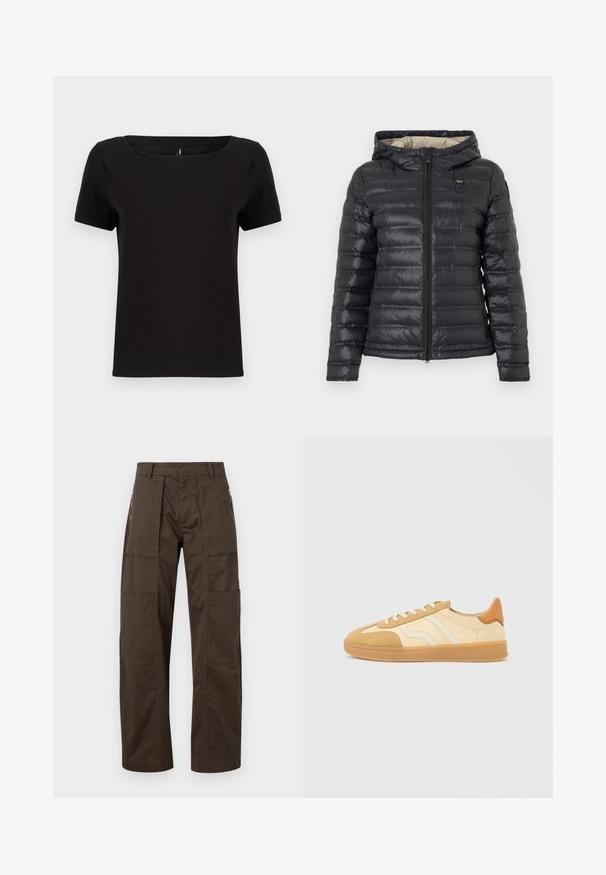 Sort polstret hættejakke med frontlynlås, lange ærmer og lys beige for, vist på en ensfarvet baggrund.; Sort t-shirt med korte ærmer og firkantet halsudskæring, lavet af blødt bomuldsstof, med et minimalistisk design og en almindelig pasform.; Brune cargo bukser lavet af holdbart stof med flere lommer, en afslappet pasform og fremtrædende syninger for øget holdbarhed.; Sneakers i tan og creme med ruskind og lædermaterialer, udstyret med gummisåler, tre striber og en brun hælaccente.