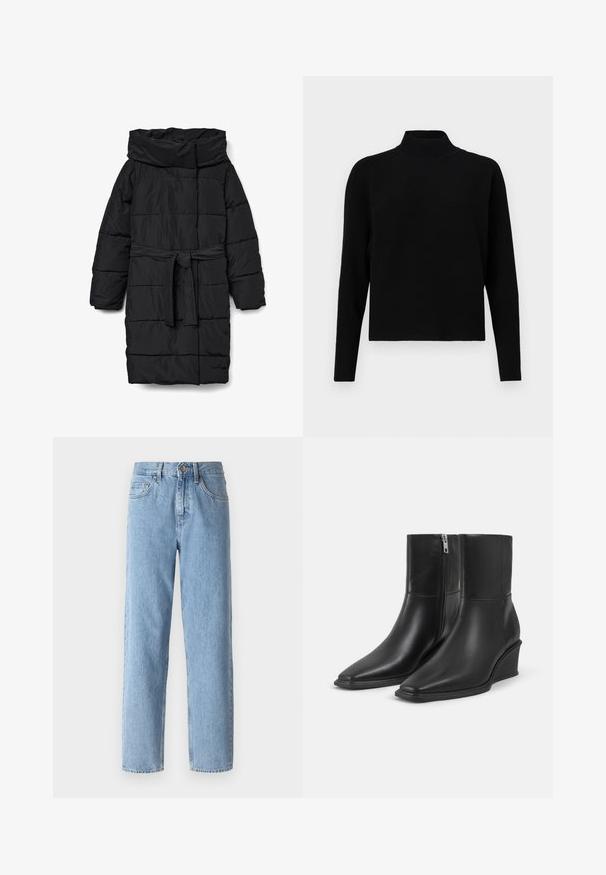 Zwarte, doorgestikte donzen jas van middellange lengte met een brede kraag en een tailleband. Heeft een gladde, matte textuur en schuine naden.; JDY Knitted JDYPRIME Knitted - Trui - black; Lichtblauwe denim jeans met een rechte snit, hoge taille en een vijf-pocket ontwerp. Voorzien van een metalen knoop en riemlussen.; Een paar zwarte leren enkellaarsjes met puntige neuzen, sleehakken en zijritssluitingen op een effen lichte achtergrond.