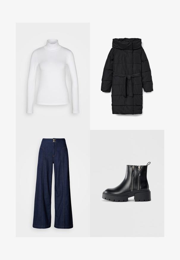 Zwarte, doorgestikte donzen jas van middellange lengte met een brede kraag en een tailleband. Heeft een gladde, matte textuur en schuine naden.; Witte langemouwen turtle neck shirt van een soepel, rekbaar stof. Heeft een strakke pasvorm en een hoge kraag. Geen zichtbare patronen of accenten.; Wijde jeans in donker denim met contrasterende oranje stiksels, twee steekzakken aan de voorkant en een dubbele knoopsluiting in de tailleband.; Zwarte leren enkellaarsjes met stevige zolen, zijritsen en een hak. Glad oppervlak met een lus aan de achterkant voor eenvoudig aan- en uittrekken.