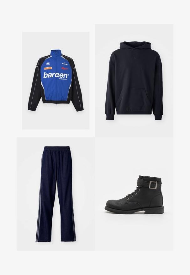 Blaue und schwarze Motorsportjacke mit Frontreißverschluss und "bareen"-Logo, versehen mit mehreren Sponsorlogos auf Vorderseite und Ärmeln.; Schwarzer Kapuzenpullover aus weichem Material, mit einer vorderen Tasche, langen Ärmeln, gerippten Bündchen und einem dezenten Logo auf der Brust.; Marineblaue Sporthosen mit einem elastischen Bund, ausgestattet mit drei weißen seitlichen Streifen und einem geraden Bein. Weicher Denim-Look.; Schwarze Leder-Ankle-Boots mit schnürbarem Design, Metallbeschlägen und einem seitlichen Riemen mit Schnallendetail. Robuste Sohle und glatte Textur.