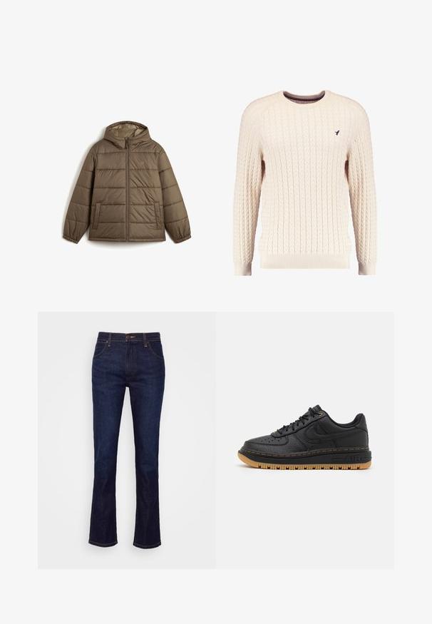 Vans MTE HILLGATE PUFFER - Vinterjakker - bungee cord; Cremefarvet kabelstrikket sweater med lange ærmer og rund hals. Har ribbede manchetter og kant, samt et lille broderet logo på brystet.; Mørkeblå denim flare jeans med høj talje, fem lommer, messingknap lukning og kontrasterende syning. Glat tekstur, klassisk design.; Sort lædersneaker med tekstureret overflade, rund tå, perforerede detaljer og gummigummisål. Har kontrastfarvet gul syning og logo.