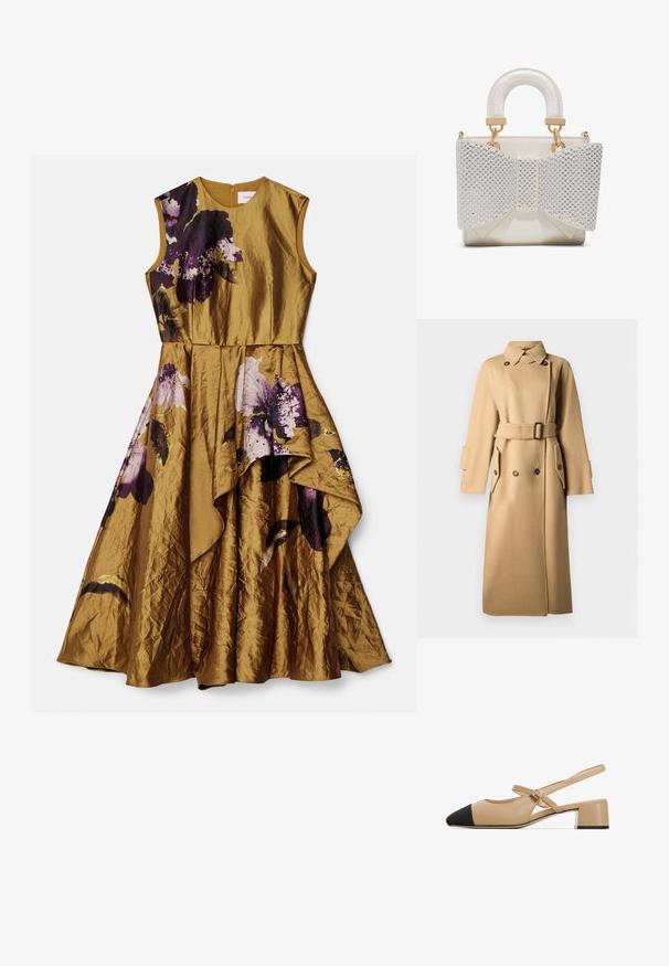 Beige wollen jas met een tailleband, dubbele knoopsluiting, grote zakken en een verspreide kraag. Gelaagd, warm materiaal.; Erdem SLEEVELESS ASYMMETRICAL TIERED DRESS - Cocktailjurk - gold; Beige leren slingback schoenen met een zwarte puntige neus, een gespband en een lage blokhak met een zilveren accent aan de basis.; Kleine witte handtas met gewatteerde handgreep en grote strik aan de voorkant, versierd met zilveren kralen en gouden hardware accenten.