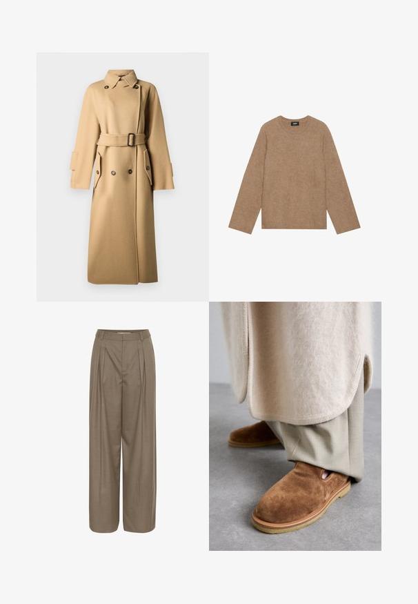 Beige uldfrakke med bælte i taljen, dobbeltknaplukning, store lommer og krave. Tekstureret, varm stof.; Brun strikket sweater med rund hals og lange ærmer. Blød tekstur, afslappet pasform og ribbet kant ved ærmer og bund. Brandetiket inde ved halsudskæringen.; Plisserede bukser med bred ben i en lys brun stof, med en struktureret talje og en glat tekstur, designet til komfort og alsidighed.; Brune ruskinds slip-on sko med rund tå, gummisul, og detaljer med udskæring i siden, parret med lyse beige skræddersyede bukser.
