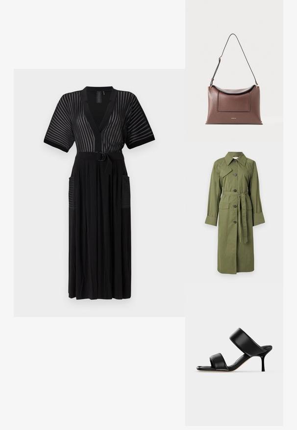 Olijfgroene trenchcoat van gestructureerde stof, met een kraag, knopen aan de voorkant en een tailleceintuur met twee zakken aan de voorkant.; Zwarte maxi-jurk met korte mouwen, verticale strepen, v-hals, ceintuur in de taille en zijzakken. Gemaakt van een lichtgewicht stof.; Zwarte leren mule sandaal met twee brede banden en een slanke, middelhoog stilettohak op een effen lichte achtergrond.; Bruine, gestructureerde lederen handtas met een gebogen klep, horizontale vorm, zwarte accenten en een lange schouderband die is bevestigd met gouden hardware.