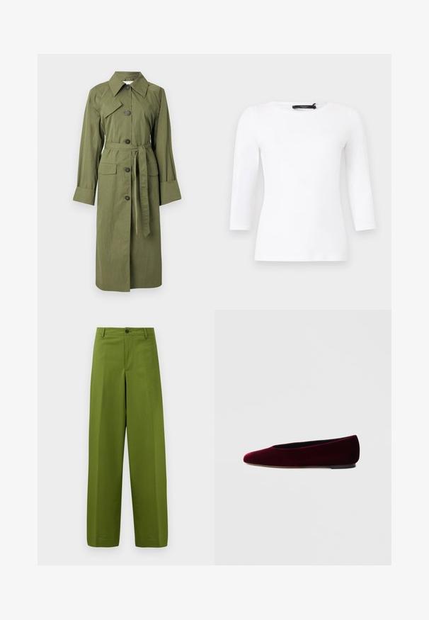 Gabardina verde oliva confeccionada en tejido texturizado, con cuello con solapa, botones frontales y cinturón en la cintura con dos bolsillos delanteros.; Camiseta blanca de manga larga y cuello redondo ajustado con una etiqueta de marca negra visible en el cuello contra un fondo liso.; Pantalones de pierna ancha verdes hechos de un tejido suave. Presentan un cierre frontal con un solo botón y un diseño frontal plano.; Bailarinas de terciopelo burdeos con punta redondeada y tacón bajo, de textura suave y diseño elegante.