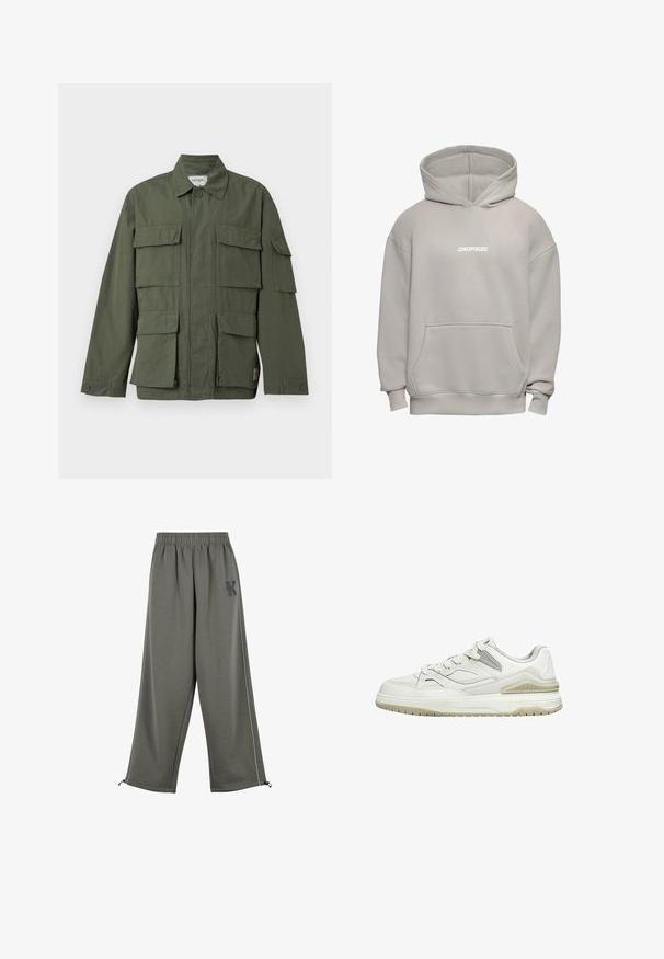 Veste de style militaire vert olive avec quatre poches avant à rabat, poignets boutonnés, col et fermeture éclair frontale dissimulée.; Sweat à capuche oversize gris clair avec poche avant et inscription "DROPSIZE" en blanc sur la poitrine.; Karl Kani KK OS SIDESTRIPE - Pantalon classique - grey; Baskets basses blanches avec semelle beige, devant à lacets, et col rembourré, présentées sur un fond blanc uni.