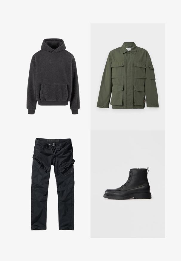 Olivengrøn militærinspireret jakke med fire forlommer med klap, knapmanchetter, krave og skjult frontlynlås.; Fleece hoodie i mørkegrå med en tekstureret overflade, en kangaroo-lomme og ribbede manchetter og kant. Har et lille logo på brystet.; Sorte cargo bukser lavet af slidstærkt stof med flere lommer, lynlåse og en justerbar talje for funktionalitet og komfort.; Sorte struktureret læder ankelstøvle med snørebånd, tykk sål og løkke bagpå, set fra siden.