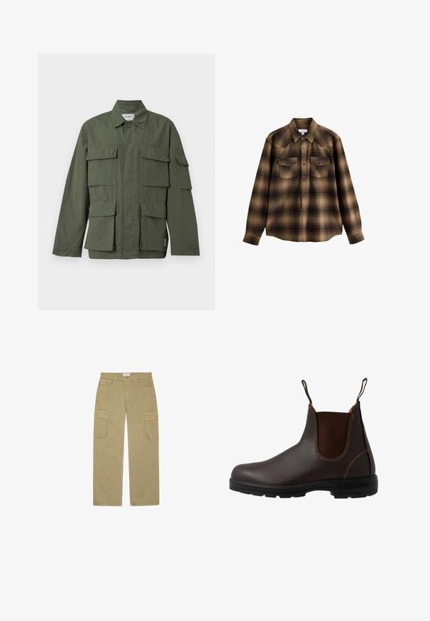 Chaqueta de estilo militar color verde oliva con cuatro bolsillos delanteros con solapa, puños abotonados, cuello y cremallera frontal oculta.; Camisa de cuadros marrón y negra de manga larga con cuello, botones de presión en la parte delantera y dos bolsillos en el pecho con solapas y botones.; Pantalones cargo caqui de pierna ancha, con cierre de botón, presillas para cinturón y grandes bolsillos con solapa en ambos muslos.; Bota Chelsea de cuero marrón con panel elástico lateral, costuras marrones, tiradores y suela de goma resistente con un patrón texturizado.
