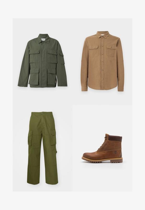 Veste de style militaire vert olive avec quatre poches avant à rabat, poignets boutonnés, col et fermeture éclair frontale dissimulée.; Chemise marron à manches longues avec boutons, col et deux poches poitrine devant, présentée sur un fond gris clair uni.; Pantalons cargo vert olive en tissu résistant, avec deux poches latérales, une coupe décontractée et une fermeture à boutons à la taille.; Botte de randonnée en cuir marron avec une finition lisse, cheville rembourrée, œillets en métal et semelle en caoutchouc dotée d'un motif de crampons robuste.