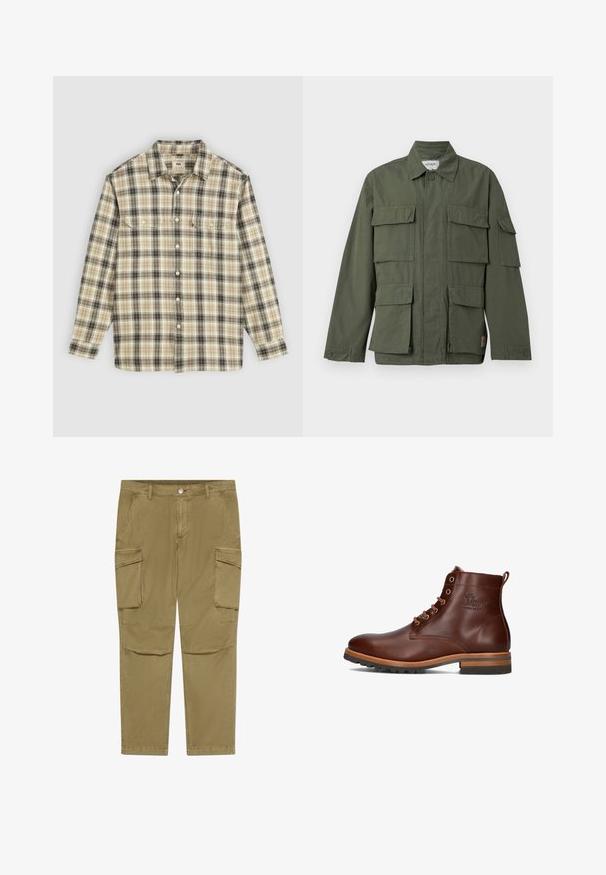 Olijfgroene jas in militaire stijl met vier klepzakken aan de voorkant, knoopmanchetten, kraag en verborgen ritssluiting aan de voorkant.; Langarm geruite blouse in beige, zwart en bruin stof, met knoopsluiting, twee borstzakken en een klassiek kraagontwerp.; Khaki cargobroek met knopen- en ritssluiting, voorzien van zijflappzakken en schuin geplaatste voorzakken.; Bruine leren enkellaars met ronde neus, vetersluiting, contrasterende hak en zolen, en een reliëflogo op de zijkant.