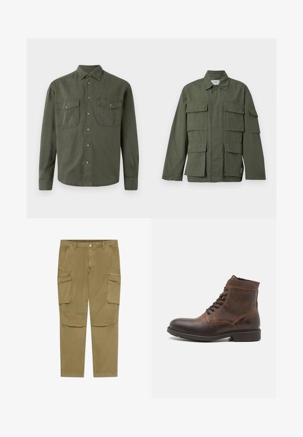 Chaqueta de estilo militar color verde oliva con cuatro bolsillos delanteros con solapa, puños abotonados, cuello y cremallera frontal oculta.; Camisa de manga larga color caqui hecha de algodón. Presenta un cierre de botones en la parte delantera, dos bolsillos en el pecho con solapas y un cuello clásico. Diseño sencillo.; Pantalones cargo caqui con cierre de botón y cremallera, que cuentan con bolsillos con solapa lateral y bolsillos frontales angulados.; Jack & Jones JFWDELANEY BOOT - Botines con cordones - cognac