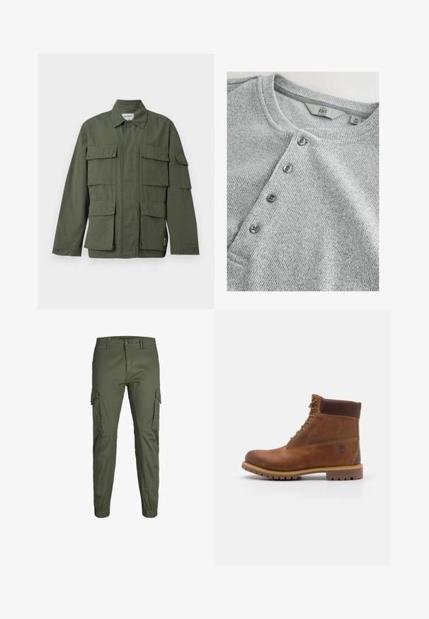 Veste de style militaire vert olive avec quatre poches avant à rabat, poignets boutonnés, col et fermeture éclair frontale dissimulée.; Chemise en tricot gris à manches longues avec col rond, patte de boutonnage à cinq boutons, texture côtelée et design ajusté. L'étiquette indique la taille M.; Pantalons cargo de couleur vert olive, coupe ajustée, fabriqués en mélange de coton durable. Comprend des poches latérales et des poignets élastiques aux chevilles.; Botte de randonnée en cuir marron avec une finition lisse, cheville rembourrée, œillets en métal et semelle en caoutchouc dotée d'un motif de crampons robuste.