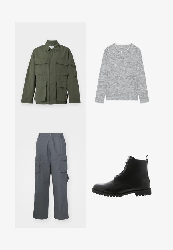Chaqueta de estilo militar color verde oliva con cuatro bolsillos delanteros con solapa, puños abotonados, cuello y cremallera frontal oculta.; Camisa henley de manga larga gris con un patrón texturizado, tapeta de tres botones y un cuello blanco en contraste. Acabado de tejido suave.; Pantalones cargo de tela gris oscuro; cuentan con múltiples bolsillos laterales, un ajuste relajado y un cierre de botón en la cintura.; Botín de cuero negro hasta el tobillo con punta redonda, cierre de cordones en la parte delantera, suela robusta y un lazo en la parte trasera para facilitar su uso.