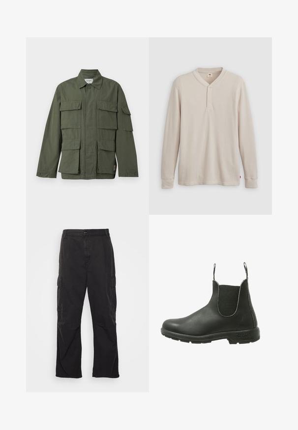 Olijfgroene jas in militaire stijl met vier klepzakken aan de voorkant, knoopmanchetten, kraag en verborgen ritssluiting aan de voorkant.; Lange mouwen henley-shirt in lichtbeige ribbelstof, met een V-hals, een drieknoopsluiting en manchetten. Rode logo-label aan de onderkant.; Zwarte cargobroek met een rechte pijpontwerp, voorzien van twee zijzakken, een knoopsluiting en een gestructureerde stof.; Zwarte leren Chelsea-boot met elastische zijpanelen, ronde neus en een textuur rubberen zool, ontworpen voor gemakkelijke instap.