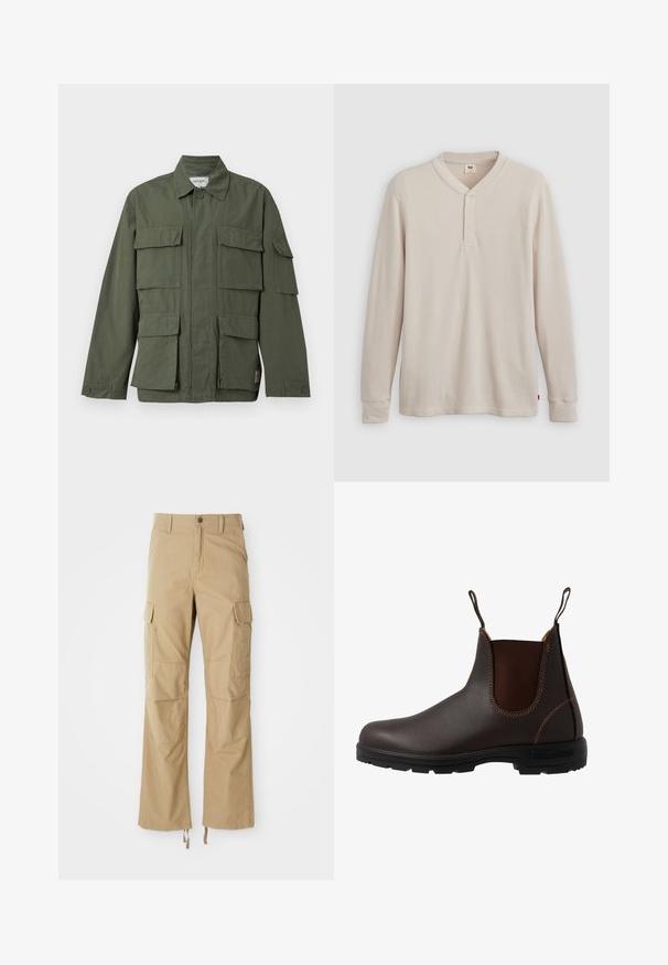 Veste de style militaire vert olive avec quatre poches avant à rabat, poignets boutonnés, col et fermeture éclair frontale dissimulée.; T-shirt henley à manches longues en tissu côtelé beige clair, avec un col en V, une patte de boutonnage à trois boutons et des manches à poignets. Étiquette logo rouge à l'ourlet.; Pantalons cargo kaki en tissu durable, dotés de plusieurs poches latérales, d'une coupe droite et de cordons de serrage réglables à l'ourlet.; Botte Chelsea en cuir marron avec panneau latéral élastique, coutures marron, languettes de tirage, et une semelle en caoutchouc durable avec un motif texturé.