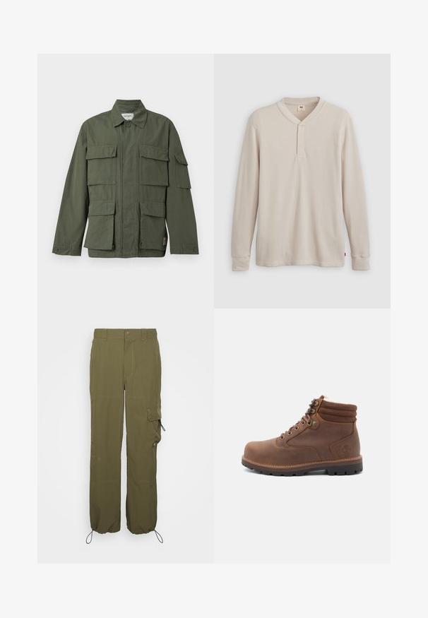 Olivgrüne Militärjacke mit vier vorderen Klappentaschen, geknöpften Manschetten, Kragen und verdecktem Frontreißverschluss.; Langärmliges Henley-Shirt aus leicht beigem Rippstoff mit V-Ausschnitt, Knopfleiste mit drei Knöpfen und angeschnittenen Ärmeln. Roter Logo-Tag am Saum.; Olivgrüne Cargo-Hosen aus leichtem Material. Zu den Merkmalen gehören ein Knopfverschluss, Seitentaschen und verstellbare Bündchen mit Kordelzügen.; Braune Leder-Absatzstiefelette mit gepolstertem Kragen, Schnürverschluss, robustem Sohle und Fleecefutter, konzipiert für wasserdichten Einsatz im Freien.