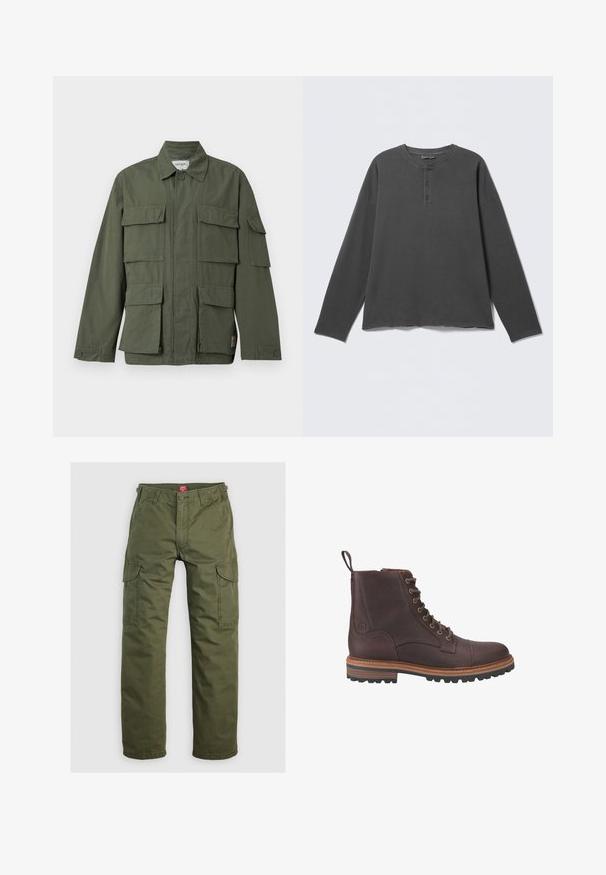 Chaqueta de estilo militar color verde oliva con cuatro bolsillos delanteros con solapa, puños abotonados, cuello y cremallera frontal oculta.; Camiseta henley de manga larga en gris oscuro con escote redondo y tres botones en la tapeta frontal.; Pantalones cargo verde oliva hechos de una tela duradera, con bolsillos laterales, cierre de botón y un diseño de pierna recta.; Botas de piel marrón con cordones hasta el tobillo, acabado texturizado, suelas beige contrastantes y ojales metálicos. Incluyen una lengüeta para facilitar su puesta.