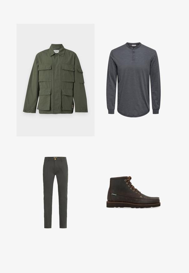 Veste de style militaire vert olive avec quatre poches avant à rabat, poignets boutonnés, col et fermeture éclair frontale dissimulée.; Chemise henley à manches longues, grise, en tissu doux, avec un ourlet arrondi, une patte de boutonnage à trois boutons et des poignets côtelés.; Chinos slim fit gris foncé en mélange de coton. Présente une fermeture à un bouton et des passants de ceinture. Texture lisse avec un minimum de détails.; Sebago Bottines à lacets - marrone