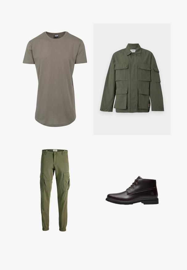 Chaqueta de estilo militar color verde oliva con cuatro bolsillos delanteros con solapa, puños abotonados, cuello y cremallera frontal oculta.; Camiseta verde oliva fabricada en algodón suave, con un escote redondeado y mangas cortas, y un dobladillo curvado más largo para un ajuste relajado.; Pantalones cargo de color verde oliva, confeccionados en tejido suave, con bolsillos laterales, puños elásticos en los tobillos y un diseño ajustado clásico.; Botín de cuero marrón oscuro con cordones, suela negra y logo sutil de la marca en el lateral, mostrado de perfil sobre un fondo blanco.