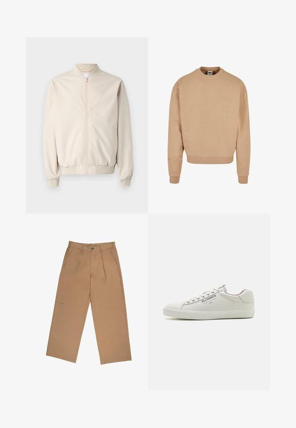 Beige bomber jacket with a front zipper, ribbed collar and cuffs, smooth fabric, and side pockets. Simple design with a relaxed fit.; Beige collegepaita, pyöreä kaula-aukko, resorit hihoissa ja helmassa, pehmeä puuvillakangas, rento istuvuus, minimaalinen brändäys sisäisessä tarrassa.; Housut, jotka on valmistettu sileästä kankaasta, vaaleanruskeat, joissa on laskokset, nappikiinnitys ja logo itsekudottuna helman lähellä.; Valkoiset nahkakengät, joissa on matala malli, karhrekoitu kumipohja ja "ALLSAINTS"-logo sivussa. Perinteinen nauhakiinnitys.