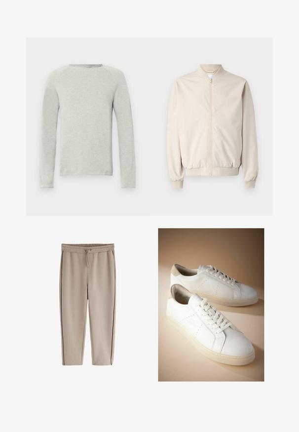 Veste bomber beige avec une fermeture éclair à l'avant, col et poignets côtelés, tissu lisse et poches latérales. Design simple avec une coupe décontractée.; Chemise à manches longues gris clair avec un col rond, tissu texturé, et manches raglan. Design simple, sans logos ni motifs visibles.; Pantalon beige décontracté avec taille élastique et cordon, poches latérales et coupe droite décontractée.; Baskets blanches en cuir avec un onglet de talon en daim beige texturé. Présentent un design à lacets, des perforations minimales et une semelle épaisse et translucide.