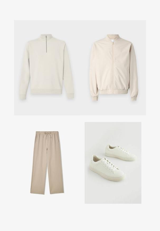 Veste bomber beige avec une fermeture éclair à l'avant, col et poignets côtelés, tissu lisse et poches latérales. Design simple avec une coupe décontractée.; Pull-over à manches longues couleur écru avec une fermeture éclair quart et col montant, poignets et ourlet côtelés, présenté sur un fond uni.; Pantalon beige à jambes larges avec taille élastique et cordon de serrage, doté de poches latérales, posé à plat sur fond blanc.; Baskets blanches en matériau synthétique texturé, dotées d'une pointe ronde, d'un design à lacets et d'une semelle en caoutchouc légèrement surélevée.