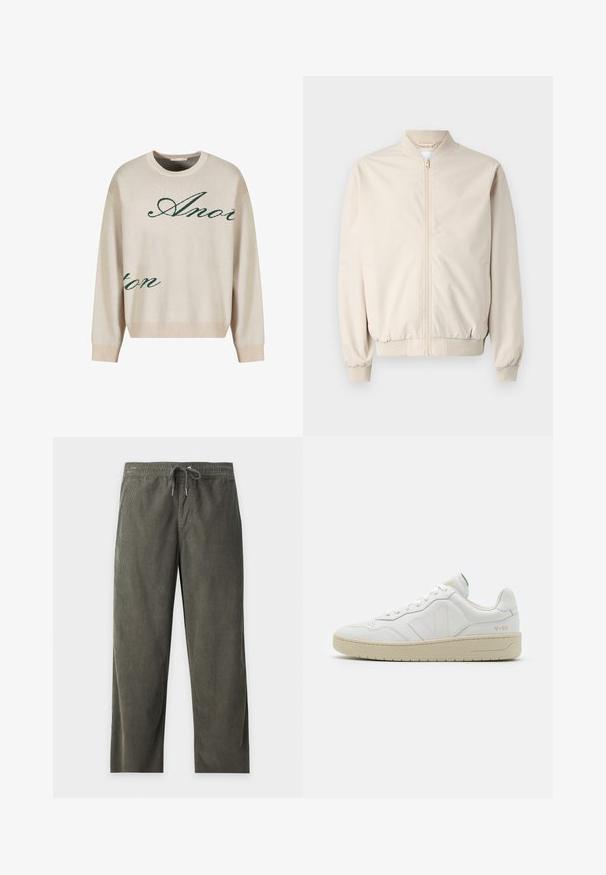 Beige bomberjakke med frontlynlås, ribbestrikket krave og manchetter, glat stof og sidelommer. Simpelt design med en afslappet pasform.; Beige strikket sweater med grønne kursiverede bogstaver. Ribbet halsudskæring og manchetter, afslappet pasform, med blød tekstur.; Olivengrønne fløjlsbukser med elastisk talje og snøre, lige ben, uden synlige lommer, lagt fladt på hvid baggrund.; Hvide lædersneakers med struktureret overflade og polstret krave. Har en beige gummisål og diskret branding på hælen og siden.