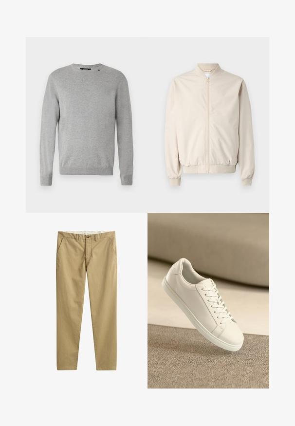 Beige bomberjakke med frontlynlås, ribbestrikket krave og manchetter, glat stof og sidelommer. Simpelt design med en afslappet pasform.; Lys grå sweater med lange ærmer, rund halsudskæring, strikket tekstur og et simpel design med et lille logo over venstre skulder.; Beige afslappede bukser med lige ben, sidelommer, bæltestropper, knaplukning og lynlås, lavet af mærket GANT.; Hvide lædersneakers med hvide snørebånd, præsenteret på en beige tekstureret overflade og med en blødt uskarp baggrund.