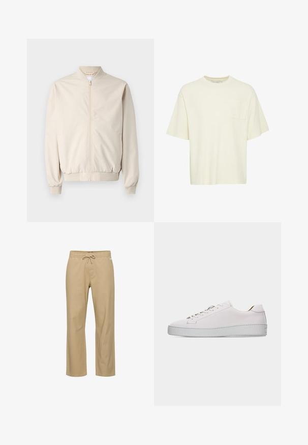 Beige bomberjakke med frontlynlås, ribbestrikket krave og manchetter, glat stof og sidelommer. Simpelt design med en afslappet pasform.; Lys cremefarvet t-shirt med korte ærmer lavet af tekstureret stof, med rund hals og en lomme på venstre bryst.; Beige bomuldsbukser med afslappet pasform, elastik i taljen og snøre. Har sidelommer og lige ben. Ingen synlige mønstre.; Hvid lædersneaker med lavt snit, hvide snørebånd, flad, tekstureret gummisål og minimal syning, vist fra ydersiden på en hvid baggrund.