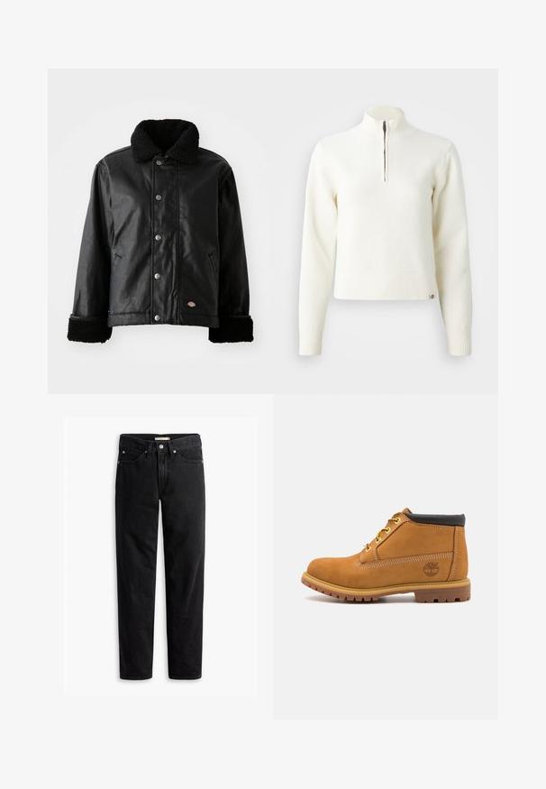 Veste en cuir noir avec col en peau de mouton, fermeture à bouton-pression, poches latérales et poignets en tissu doux. Comprend un patch avec le logo de la marque.; Pull-over blanc à col zippé et manches longues. Fabriqué en matériau tricoté doux, avec des poignets et un ourlet côtelés. Logo de la marque subtil à l'ourlet.; Jeans noirs à jambe droite avec fermeture à bouton et à zip, passants de ceinture et poches avant et arrière, présentés à plat sur un fond blanc.; Bottine en suede tan avec col rembourré noir, œillets jaunes et semelle en caoutchouc texturé. Présente un logo imprimé sur le côté.