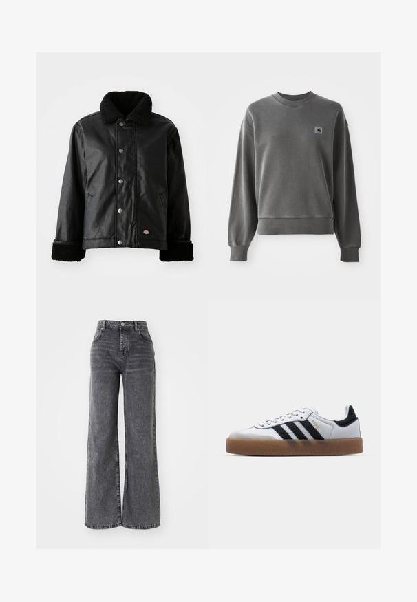 Schwarze Lederjacke mit einem Lammfellkragen, Druckknopfverschluss, Seitentaschen und weich strukturierten Bündchen. Mit Markenlogo-Patch.; Grau pullover Sweatshirt aus glattem Baumwollmix, mit rundem Halsausschnitt, gerippten Bündchen und einem kleinen Logopatch auf der linken Brust.; Weit geschnittene graue Denim-Hosen mit hoher Taille, die über die klassische Fünf-Taschen-Optik verfügen und ein dezentes, ausgewaschenes Finish aufweisen.; Weiße Leder Sneakers mit schwarzen Streifen, Gummigummi-Außensohle, runder Zehenform, Schnürverschluss und weichem grauem Wildleder-Zehenkappe.