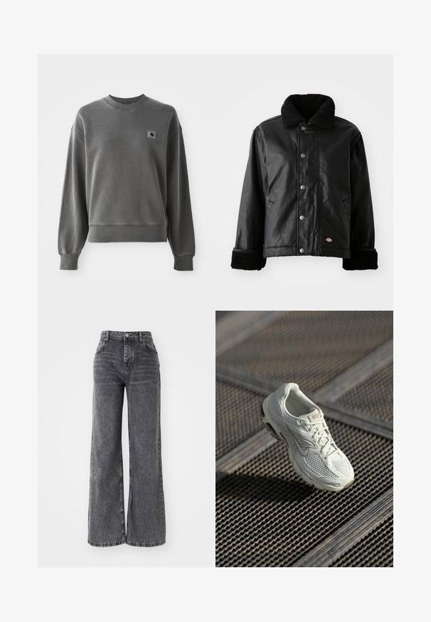 Schwarze Lederjacke mit einem Lammfellkragen, Druckknopfverschluss, Seitentaschen und weich strukturierten Bündchen. Mit Markenlogo-Patch.; Grau pullover Sweatshirt aus glattem Baumwollmix, mit rundem Halsausschnitt, gerippten Bündchen und einem kleinen Logopatch auf der linken Brust.; Weit geschnittene graue Denim-Hosen mit hoher Taille, die über die klassische Fünf-Taschen-Optik verfügen und ein dezentes, ausgewaschenes Finish aufweisen.; Weiße Nike-Laufschuhe mit Mesh- und synthetischem Obermaterial, die auf einem Metallgittersockel im sanften natürlichen Licht liegen.