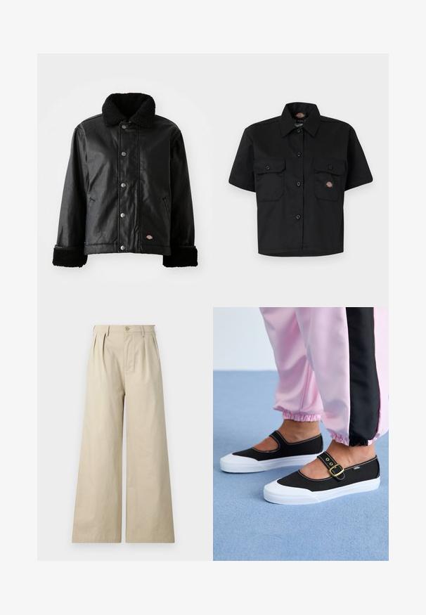 Veste en cuir noir avec col en peau de mouton, fermeture à bouton-pression, poches latérales et poignets en tissu doux. Comprend un patch avec le logo de la marque.; Chemise noire à manches courtes en tissu durable, dotée de deux grandes poches avant et d'un design à rabat avec un col.; Pantalons larges beiges en coton, avec des plis, une fermeture à bouton et des poches latérales, au toucher lisse et doux.; Baskets noires en toile avec une semelle blanche, présentant un design découpé et une sangle en boucle dorée. Portées avec un pantalon de survêtement rose.