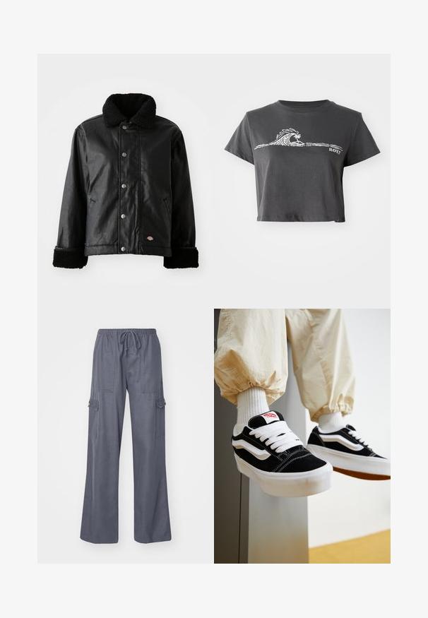 Veste en cuir noir avec col en peau de mouton, fermeture à bouton-pression, poches latérales et poignets en tissu doux. Comprend un patch avec le logo de la marque.; T-shirt noir chiné court avec un graphisme de vague stylisée, un palmier et le texte "ROXY" sur le devant.; Pantalons cargo gris avec taille à cordon, jambes larges et deux poches latérales. Fabriqués en tissu doux et léger.; Personne portant des baskets Vans noires et blanches avec des lacets blancs, des chaussettes blanches et un pantalon beige avec des poignets élastiques.